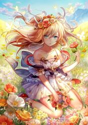 Rule 34 | 1girl, blonde hair, blue eyes, breasts, bug, butterfly, collarbone, dress, field, floating hair, flower, flower field, hair between eyes, hair ribbon, head wreath, holding, holding wreath, insect, jewelry, kneeling, long hair, necklace, official art, red flower, ribbon, sleeveless, sleeveless dress, solo, soul reverse zero, white dress, white flower, white ribbon, yellow flower