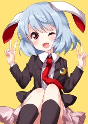 Rule 34 | 1girl, animal ears, black jacket, black thighhighs, blazer, collared shirt, cowboy shot, crescent, crescent pin, double v, grey hair, highres, jacket, long sleeves, looking at viewer, necktie, one eye closed, open mouth, pink eyes, pink skirt, pleated skirt, rabbit ears, red necktie, reisen, ruu (tksymkw), shirt, short hair, simple background, sitting, skirt, smile, solo, thighhighs, touhou, v, white shirt, yellow background, zettai ryouiki