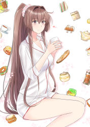 Rule 34 | 1girl, alternate costume, bagel, blunt bangs, bread, brown eyes, brown hair, cherry blossoms, commentary request, cup, feet out of frame, food, kantai collection, long hair, looking at viewer, mug, pajamas, ponytail, sandwich, scrunchie, shorts, solo, takase asagiri, teapot, white background, white pajamas, white shorts, yamato (kancolle)