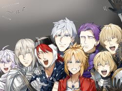 2girls 6+boys absurdres ahoge armor bedivere_(fate) black_hair blonde_hair blue_eyes blush closed_eyes crying derivative_work fate/grand_order fate_(series) fujimaru_ritsuka_wa_wakaranai gareth_(fate) gawain_(fate) gloves grey_background grey_hair hair_between_eyes hair_flaps hand_on_another&#039;s_shoulder happy harp headscarf highres instrument ironmanhshs jacket japanese_clothes kimono knights_of_the_round_table_(fate) lancelot_(fate/grand_order) long_hair merlin_(fate) mordred_(fate) multiple_boys multiple_girls music open_mouth percival_(fate) playing_instrument ponytail purple_eyes purple_hair red_hair screenshot_redraw short_hair smile sweatdrop tristan_(fate) waving white_hair