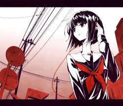 Rule 34 | 1girl, arm up, black eyes, black hair, black serafuku, building, cable, earphones, female focus, from below, letterboxed, limited palette, long sleeves, looking to the side, monochrome, neckerchief, original, outdoors, parted lips, power lines, red sky, road sign, ryuga (balius), school uniform, serafuku, short hair, sign, sky, solo, town, utility pole