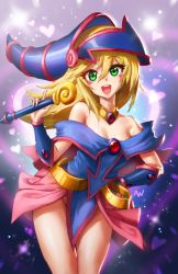 Rule 34 | 1girl, athenawyrm, bare shoulders, blonde hair, blue footwear, blush, blush stickers, boots, breasts, choker, cleavage, dark magician girl, duel monster, green eyes, hat, large breasts, long hair, looking at viewer, open mouth, pentacle, smile, solo, staff, thighs, wand, wizard hat, yu-gi-oh!