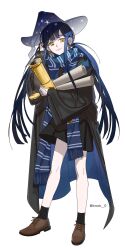 Rule 34 | 1girl, black skirt, black socks, blue hair, blue scarf, brown footwear, earrings, full body, hand up, hat, highres, jewelry, knock 0, long hair, looking at viewer, original, scarf, see-through, see-through headwear, shoes, skirt, smile, socks, solo, twitter username, very long hair, white background, witch, witch hat, yellow eyes