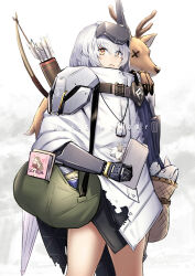 Rule 34 | 1girl, animal, armor, bag, bare legs, book, bow (weapon), carrying over shoulder, cloak, cowboy shot, dead animal, deer, dog tags, drooling, english text, fish, flower, goddess of victory: nikke, highres, holding, holding flower, lips, logo, long hair, looking at viewer, mechanical arms, orange eyes, parasol, quiver, saliva, sawasa, shoulder armor, shoulder bag, single mechanical arm, snow white (nikke), solo, standing, umbrella, visor (armor), weapon, white cloak, white hair, x x, yellow eyes