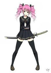 Rule 34 | 1girl, arms behind back, black serafuku, black thighhighs, drill hair, female focus, full body, hair ribbon, head tilt, highres, katana, loafers, long hair, looking at viewer, midriff, navel, original, pink eyes, pink hair, pleated skirt, ribbon, school uniform, serafuku, sheath, sheathed, shoes, signature, simple background, skirt, sky-freedom, smile, solo, standing, sword, thighhighs, twin drills, twintails, weapon, white background, zettai ryouiki