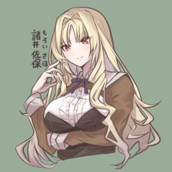 Rule 34 | 1girl, arm under breasts, assault lily, blonde hair, breasts, brown jacket, center frills, character name, closed mouth, collared shirt, commentary, cropped jacket, cropped torso, drill hair, frilled shirt, frills, green background, hair intakes, hands up, highres, houji tea latte, jacket, large breasts, light blush, light smile, long hair, long sleeves, looking at viewer, moroi saho, neck ribbon, orange eyes, purple ribbon, ribbon, school uniform, shirt, sidelocks, simple background, solo, translated, upper body, white shirt