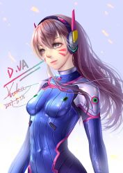 Rule 34 | 1girl, animal print, artist name, blue bodysuit, blue sky, bodysuit, breasts, brown eyes, brown hair, character name, covered navel, d.va (overwatch), dated, day, embers, eyelashes, facepaint, facial mark, hair between eyes, headphones, high collar, highres, light smile, long hair, outdoors, overwatch, overwatch 1, pilot suit, pink lips, rabbit print, ribbed bodysuit, shiny clothes, shoulder pads, signature, skin tight, sky, small breasts, solo, swept bangs, upper body, whisker markings, wind, yuanchuang