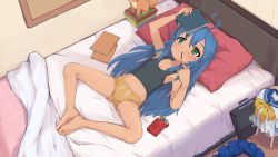 Rule 34 | 1girl, ahoge, armpits, barefoot, bed, black shirt, blue hair, blush, breasts, closed mouth, collarbone, eyebrows hidden by hair, female focus, food, from above, full body, green eyes, highres, indoors, izumi konata, long hair, lucky star, lying, navel, on back, on bed, panties, pocky, recklessdraw, ryouou school uniform, school uniform, serafuku, shirt, shorts, small breasts, smile, solo, spread legs, underwear, white panties, yellow shorts