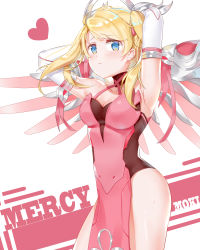 Rule 34 | 1girl, :c, alternate hairstyle, armpits, arms behind head, artist name, bare shoulders, blonde hair, blue eyes, blush, breasts, character name, cleavage, collarbone, cowboy shot, criss-cross halter, dress, elbow gloves, gloves, hair ribbon, halo, halterneck, han mao ji moki, heart, highres, looking at viewer, mechanical halo, mechanical wings, medium breasts, mercy (overwatch), official alternate costume, overwatch, overwatch 1, pelvic curtain, pink dress, pink mercy, pink ribbon, ribbon, signature, simple background, sleeveless, sleeveless dress, solo, sweat, thighs, twintails, white background, white gloves, wings