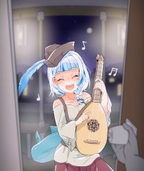 Rule 34 | 1girl, bard, blue hair, braid, city lights, door, doorway, fins, fish tail, gawr gura, gradient hair, grey hair, highres, hololive, hololive english, instrument, lute (instrument), moral cacoethes, multicolored hair, musical note, pov doorway, shark tail, streaked hair, tail, virtual youtuber