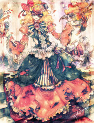 Rule 34 | 1girl, bad id, bad pixiv id, black dress, blonde hair, bow, bowtie, cake, center frills, closed mouth, crowd, dress, female focus, flower, food, frilled dress, frilled sleeves, frills, fruit, full body, head tilt, heart, holding, holding plate, houmuari, layered dress, long hair, long sleeves, looking at viewer, mask, nail polish, original, pink flower, pink rose, plate, red eyes, red nails, rose, signature, silhouette, smile, solo focus, stairs, standing, strawberry, striped bow, striped bowtie, striped clothes, striped neckwear, torn clothes, torn dress