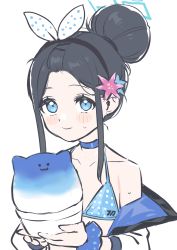 Rule 34 | 1girl, absurdres, aris (blue archive), bangs pinned back, bare shoulders, bikini, black hair, blanchat, blue archive, blue bikini, blue choker, blue eyes, blush, bow, bowl, choker, closed mouth, collarbone, flat chest, flower, food, forehead, hair bow, hair bun, hair flower, hair ornament, hairband, hairclip, halo, highres, holding, holding food, jacket, jacket over swimsuit, jacket partially removed, multicolored clothes, multicolored jacket, polka dot, polka dot bikini, scrunchie, shaved ice, sidelocks, simple background, smile, sweat, swimsuit, tareme, white background, white jacket, wrist scrunchie
