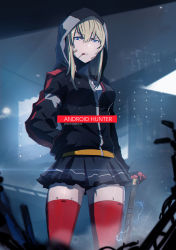 Rule 34 | 1girl, absurdres, backlighting, bandaid, bandaid on face, baseball bat, black gloves, black jacket, black skirt, blonde hair, blue eyes, breasts, building, candy, commentary, electricity, english text, food, gloves, gluteal fold, hair between eyes, hand in pocket, highres, hood, hood up, hooded jacket, jacket, las91214, long hair, long sleeves, looking at viewer, medium breasts, miniskirt, mouth hold, original, outdoors, parted lips, plus sign, red thighhighs, sidelocks, skirt, solo, teeth, thighhighs, v-shaped eyebrows