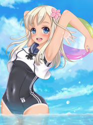 Rule 34 | 10s, 1girl, armpits, ball, beachball, blonde hair, blue eyes, breasts, crop top, flower, hair flower, hair ornament, kantai collection, kojiro d, large breasts, long hair, one-piece swimsuit, ro-500 (kancolle), sailor collar, school swimsuit, solo, swimsuit, swimsuit under clothes, tan, tanline, water