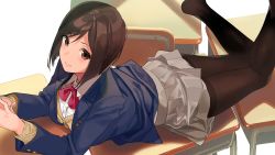 Rule 34 | 1girl, beige cardigan, black pantyhose, blazer, blue jacket, bow, bowtie, breasts, brown eyes, brown hair, cardigan, chair, classroom, collared shirt, desk, end card, grey skirt, highres, jacket, long sleeves, lying, medium breasts, miru tights, moegi homi, no shoes, official art, on desk, on stomach, pantyhose, pleated skirt, red bow, red bowtie, sasamori tomoe, school uniform, shirt, short hair, skirt, smile, solo, thighband pantyhose, white shirt