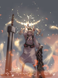 Rule 34 | 1girl, animal ears, arm up, barefoot, black hairband, blonde hair, blush, clenched hand, closed mouth, collarbone, crushing, dress, elden ring, explosive, flower, glowing, greatsword, grenade, grenade hair ornament, hairband, highres, holding, holding sword, holding weapon, huge weapon, ikine tomeru, indie virtual youtuber, kappa modoki, long hair, mechanical ears, petals, planted, planted sword, planted weapon, red eyes, sketch, solo, sparkle, sword, twintails, virtual youtuber, weapon, white dress, white flower
