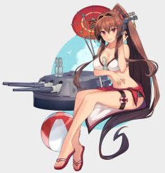 Rule 34 | 1girl, ball, barefoot, beachball, bikini, breasts, brown eyes, brown hair, cleavage, closed mouth, collarbone, flower, hair between eyes, hair flower, hair ornament, highres, kantai collection, kasumi (skchkko), large breasts, long hair, machinery, oil-paper umbrella, pink flower, ponytail, ramune, red sarong, red umbrella, rigging, sandals, sarong, simple background, smile, solo, swimsuit, turret, umbrella, white background, white bikini, yamato (kancolle)