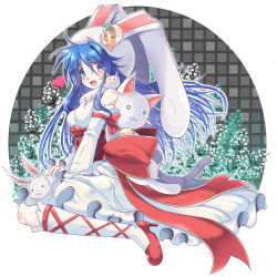 Rule 34 | 1girl, :3, animal, animal around neck, animal ears, blue eyes, blue hair, blush, bow, breasts, carrot hat ornament, cat, commentary request, corset, crescent, crescent hat ornament, detached sleeves, dress, fake animal ears, fang, flower, food-themed hat ornament, frilled dress, frilled sleeves, frills, full body, hair between eyes, hat ornament, heart, high heels, highres, kneehighs, large bow, long hair, looking at viewer, looking to the side, medium breasts, official alternate costume, open mouth, rabbit, rabbit ears, ragnarok online, red bow, red footwear, sitting, skin fang, sleeveless, sleeveless dress, smile, socks, solo, tanono, wanderer (ragnarok online), white dress, white flower, white sleeves, white socks, wide sleeves