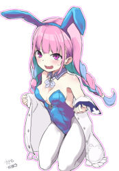 Rule 34 | 1girl, anchor symbol, animal ears, bare shoulders, blue hair, blue leotard, blush, braid, breasts, cheese (cheese koubou), detached collar, fake animal ears, highres, hololive, jacket, leotard, long hair, looking at viewer, medium breasts, minato aqua, minato aqua (sailor), multicolored hair, open clothes, open jacket, open mouth, pantyhose, pink hair, playboy bunny, purple eyes, rabbit ears, simple background, solo, strapless, strapless leotard, sweat, twin braids, virtual youtuber, white background
