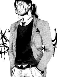 Rule 34 | 1boy, alternate costume, belt, bleach, buttons, chain, character name, collared shirt, cowboy shot, denim, facial hair, formal, greyscale, hands in pockets, jeans, kyouraku shunsui, lips, long hair, long sleeves, looking away, male focus, monochrome, necktie, nose, pants, shirt, simple background, smile, stubble, white background, yangyieva