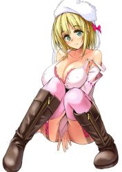 Rule 34 | 1girl, bad id, bad twitter id, bare shoulders, between legs, blonde hair, blue eyes, blush, boots, bra, breasts, brown footwear, cleavage, covered erect nipples, female focus, garter straps, gen (black factory), hat, jpeg artifacts, knee boots, knees to chest, large breasts, original, pink thighhighs, short hair, simple background, sitting, solo, strap slip, thighhighs, underwear, white background