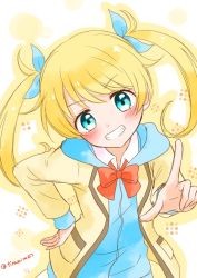Rule 34 | 10s, 1girl, blonde hair, blue eyes, blue ribbon, blue shirt, blush, bow, bowtie, commentary, grin, hair ribbon, index finger raised, jacket, kiratto pri chan, long sleeves, looking at viewer, moegi emo, pretty series, red bow, red bowtie, ribbon, shirt, smile, solo, teeth, tiramisu651, twintails, twitter username, yellow jacket