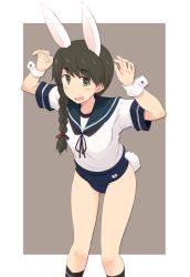 Rule 34 | 1girl, :d, animal ears, black socks, blush, braid, brown eyes, brown hair, cowboy shot, cuffs, hair ribbon, kantai collection, kugui kiyunemu, long hair, looking at viewer, neckerchief, old school swimsuit, one-piece swimsuit, open mouth, playboy bunny swimsuit, rabbit ears, rabbit girl, rabbit tail, red ribbon, ribbon, school swimsuit, school uniform, serafuku, short sleeves, simple background, single braid, smile, socks, solo, swimsuit, tail, uranami (kancolle)