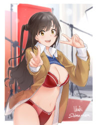 Rule 34 | 1girl, :d, blazer, blue sweater, blurry, blurry background, bra, breasts, brown eyes, brown hair, brown jacket, character name, cleavage, clothes lift, collared shirt, double v, dress shirt, hair between eyes, idolmaster, idolmaster cinderella girls, jacket, large breasts, long hair, long sleeves, microphone stand, navel, open clothes, open jacket, open mouth, open shirt, panties, red bra, red panties, saruno (eyesonly712), school uniform, shimamura uzuki, shirt, side ponytail, smile, solo, standing, sweater, sweater lift, unbuttoned, unbuttoned shirt, underwear, v, very long hair, white shirt, wing collar