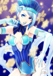 Rule 34 | 10s, 1girl, bare shoulders, blue eyes, blue hair, blue rose (tiger &amp; bunny), boots, breasts, cleavage, earrings, elbow gloves, enmto, eyelashes, fingernails, fingernails over gloves, gloves, gun, jewelry, karina lyle, lipstick, makeup, matching hair/eyes, medium breasts, short hair, solo, superhero costume, thigh boots, thighhighs, tiger &amp; bunny, weapon