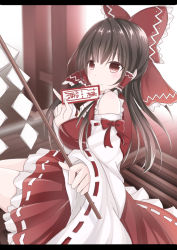 Rule 34 | 1girl, bare shoulders, black hair, blush, bow, box, breasts, closed mouth, donation box, dress, foreshortening, frilled shirt collar, frills, from side, gohei, hair bow, hair tubes, hakurei reimu, highres, japanese clothes, large breasts, letterboxed, long hair, long sleeves, looking at viewer, miko, ofuda, red bow, red dress, red eyes, ribbon-trimmed sleeves, ribbon trim, sakuramochi usa, sidelocks, sitting, smile, solo, touhou, wide sleeves