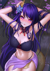 Rule 34 | 1girl, absurdres, arms up, blush, breasts, cleavage, clothing request, commentary request, dark 0714, flower, genshin impact, hair ornament, highres, large breasts, long hair, looking at viewer, mole, mole under eye, navel, open mouth, purple eyes, purple flower, purple hair, raiden shogun, ribbon, sitting, solo, wooden floor