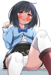 Rule 34 | 1girl, arm support, black hair, black skirt, blue bow, blue bowtie, blue jacket, blue sailor collar, blush, boots, bow, bowtie, brown footwear, cameltoe, cleft of venus, commentary request, gradient background, granblue fantasy, grey background, head tilt, hekomii, highres, jacket, long sleeves, panties, parted lips, pinching sleeves, pleated skirt, puffy long sleeves, puffy sleeves, red eyes, sailor collar, shirt, skirt, sleeves past wrists, solo, thighhighs, thighhighs under boots, underwear, vikala (granblue fantasy), white background, white panties, white shirt, white thighhighs