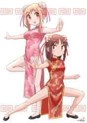 Rule 34 | 2girls, :d, aikawa chiho, bare arms, bare legs, black footwear, blush, breasts, brown eyes, brown hair, bun cover, china dress, chinese clothes, closed mouth, covered navel, double bun, dress, flying sweatdrops, hair bun, highres, light brown hair, medium breasts, multiple girls, okano kei, open mouth, outstretched arms, parted bangs, shoes, simple background, small breasts, smile, spread arms, standing, standing on one leg, sweat, umiroku, white background, yuyushiki