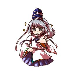 Rule 34 | &gt;:), 1girl, grey eyes, grey hair, hand on own hip, hat, japanese clothes, kariginu, long hair, miniskirt, mononobe no futo, outstretched hand, ponytail, skirt, smile, socha, solo, sparkle, tate eboshi, touhou, transparent background, v-shaped eyebrows