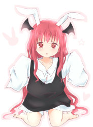 Rule 34 | 1girl, age regression, barefoot, bat wings, rabbit ears, head wings, koakuma, long hair, mickeysmith, open mouth, oversized clothes, red eyes, red hair, sleeves past wrists, solo, touhou, wings, aged down