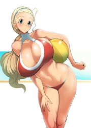 Rule 34 | 1girl, ahoge, ball, beachball, bikini, blonde hair, blue eyes, blush, breasts, cleavage, cleavage cutout, clothing cutout, girls und panzer, hair pulled back, hairband, halterneck, hand on own thigh, head tilt, holding, holding ball, huge breasts, leaning to the side, legs, long hair, looking at viewer, ponytail, red bikini, revision, sasaki akebi, sasaki tatsuya, skindentation, solo, standing, string bikini, swimsuit, white background, white hairband