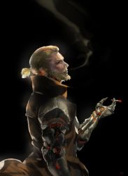 Rule 34 | 1boy, absurdres, beard, black sclera, blonde hair, brown coat, cigarette, coat, colored sclera, commentary, cyborg, earrings, english commentary, facial hair, from side, genos, highres, holding, holding cigarette, jewelry, looking up, male focus, mechanical arms, mustache, aged up, one-punch man, ponytail, scar, scar across eye, scar on face, signature, single mechanical arm, smoke, smoking, solo, upper body, yd (orange maru), yellow eyes