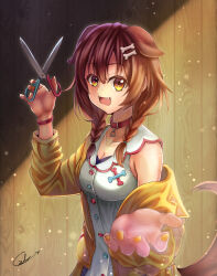 Rule 34 | 1girl, absurdres, animal collar, animal ears, aria honmono, blush, bone hair ornament, braid, breasts, brown eyes, brown hair, brown tail, buttons, collar, dog ears, dog girl, dog tail, dress, fangs, hair between eyes, hair ornament, highres, holding, holding scissors, hololive, inugami korone, inugami korone (1st costume), jacket, looking at viewer, low twin braids, medium breasts, open mouth, red collar, scissors, smile, solo, tail, twin braids, virtual youtuber, yellow jacket
