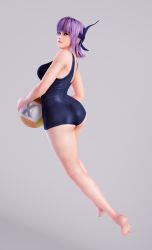 Rule 34 | 1girl, 3d, ass, ayane (doa), ball, bandana, bare arms, bare legs, bare shoulders, barefoot, blue one-piece swimsuit, breasts, curvy, dead or alive, feet, female focus, full body, highres, hip focus, holding, holding ball, large breasts, legs, looking back, medium breasts, one-piece swimsuit, purple hair, red eyes, short hair, simple background, solo, swimsuit, thighs, volleyball (object), x2gon