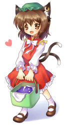 Rule 34 | 1girl, basket, brown hair, chen, earrings, fang, female focus, full body, hat, jewelry, mary janes, mauve, multiple tails, ribbon, shoes, skirt, solo, tail, touhou, white background