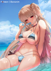Rule 34 | 1girl, ahoge, alternate costume, arm support, azur lane, bad id, bad pixiv id, bikini, blue bikini, blush, braid, breasts, choker, cleavage, day, double bun, feathers, food, formidable (azur lane), formidable (the lady of the beach) (azur lane), hair bun, head tilt, holding, holding food, large breasts, light brown hair, long hair, looking at viewer, navel, outdoors, pairleaf, popsicle, red eyes, ribbon, shiny skin, sidelocks, single thighhigh, sitting, skindentation, solo, stomach, swimsuit, thighhighs, very long hair, wet