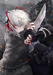 Rule 34 | 1girl, absurdres, ahoge, antennae, arknights, black gloves, building, combat knife, fingerless gloves, gloves, grey cloak, highres, holding, holding knife, holding weapon, horns, knee pads, knife, kurarome, load bearing vest, looking at viewer, nail polish, red eyes, red nails, reverse grip, rubble, ruins, short hair, silver hair, solo, w (arknights), weapon
