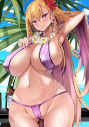 Rule 34 | 1girl, arm up, armpits, bare arms, bare legs, bare shoulders, beach, bikini, blonde hair, blue sky, boryeon (last origin), breasts, cleavage, cloud, colored inner hair, covered erect nipples, dangle earrings, day, ear piercing, earrings, fang, flower, hair flower, hair ornament, hand in own hair, hand on own chest, highres, huge breasts, jewelry, last origin, lips, long hair, looking at viewer, lotion, multicolored hair, multicolored nails, nail polish, navel, ocean, open mouth, outdoors, partially visible vulva, piercing, purple bikini, purple eyes, sideboob, skin tight, sky, sling bikini top, smile, solo, standing, string bikini, sukesan, sunscreen, swimsuit, thigh gap, thighs, water, wet, wet clothes, wet swimsuit, wreath