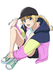 Rule 34 | 1girl, absurdres, artist request, baseball cap, blonde hair, blue eyes, blush, hat, highres, long hair, looking at viewer, open mouth, paripi koumei, simple background, smile, solo, tennis, tsukimi eiko, white background