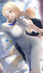 Rule 34 | 1girl, ayumu (blue archive), black wings, blonde hair, blue archive, blue necktie, breasts, cleavage cutout, clothing cutout, covered erect nipples, covered navel, diamond cutout, dress, feathered wings, flying paper, forehead jewel, halo, highres, keyfanjun, large breasts, long hair, necktie, one eye closed, open mouth, opening door, paper, paper stack, short necktie, white dress, wings, yellow eyes, yellow halo