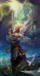 Rule 34 | 1882j, 1boy, armor, bird, chinese clothes, cloud, highres, jiang wei, lightning, male focus, romance of the three kingdoms, sky, solo, sunlight, sword, weapon, white hair