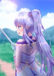 Rule 34 | 1girl, absurdres, backless dress, backless outfit, bare shoulders, blue eyes, blue gloves, blue sky, blurry, blurry background, blush, cloud, cloudy sky, commentary request, day, depth of field, dress, fate/grand order, fate (series), from behind, gloves, highres, holding, long hair, medea (lily) (fate), mountain, open mouth, outdoors, pointy ears, ponytail, profile, purple hair, see-through, sky, solo, very long hair, white dress, yuya090602