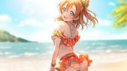 Rule 34 | +commentary, 1girl, ass, beach, bikini, blue eyes, blue sky, bracelet, cloud, commentary, commentary request, cowboy shot, day, english commentary, from behind, heterochromia(creator), horizon, jewelry, kousaka honoka, looking at viewer, looking back, love live!, love live! school idol project, medium hair, mixed-language commentary, ocean, one side up, open mouth, orange bikini, orange hair, outdoors, round teeth, sky, solo, stable diffusion, striped, striped bikini, swimsuit, teeth, uncrop, upper teeth only, wallpaper