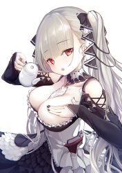Rule 34 | 1girl, :o, azur lane, bare shoulders, between breasts, black dress, black nails, blush, breast suppress, breasts, cleavage, cowboy shot, dress, earrings, eorx, formidable (azur lane), frilled dress, frills, grey hair, hair ornament, hair ribbon, head tilt, holding, holding teapot, jewelry, large breasts, long hair, long sleeves, looking at viewer, nail polish, red eyes, ribbon, rigging, simple background, solo, teapot, twintails, white background