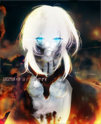 Rule 34 | 10s, 1girl, abyssal ship, aqua eyes, artist request, bad id, bad pixiv id, blood, bruise, cape, english text, glowing, glowing eyes, highres, injury, kantai collection, looking at viewer, omae nobuyuki, outdoors, sky, solo, tears, white hair, wo-class aircraft carrier